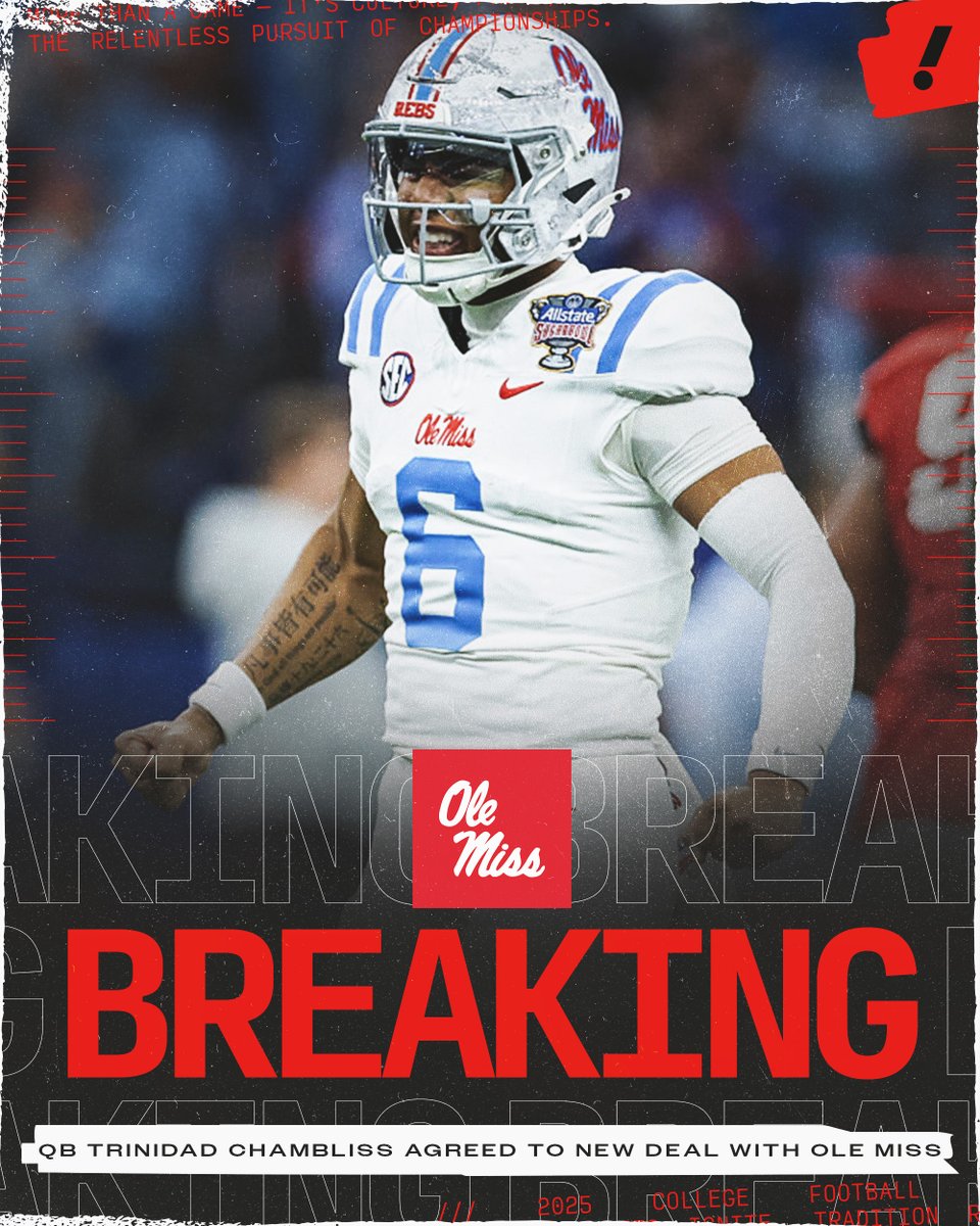 YahooSports's tweet image. QB Trinidad Chambliss reached an agreement on a new deal with Ole Miss, contingent on the NCAA granting his sixth-year eligibility waiver, per @RossDellenger.