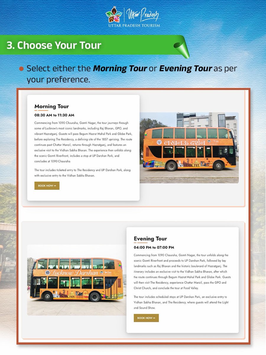 uptourismgov's tweet photo. Start your Lucknow Darshan journey here!

Know how to book your ticket for the Lucknow Darshan Double Decker Bus.
Plan your tour with ease and book online.

Link: https://t.co/vU5I0lxDgC 

#LucknowDarshan #DoubleDeckerBus #ExploreLucknow #HeritageOnWheels #UPSTDC #TravelLucknow #EasyTravel #CityTourLucknow

@narendramodi @myogiadityanath @gssjodhpur
@jaiveersingh099 @amritabhijatias @eeshapriyaias
@UPGovt @MinOfCultureGoI @tourismgoi @incredibleindia @CMOfficeUP @MEAIndia