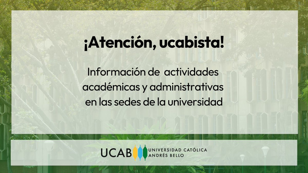 Estimada comunidad #ucabista:

Se informa que los días miércoles 7, jueves 8, viernes 9 y sábado 10, las actividades académicas (clases y evaluaciones) se realizarán en modalidad virtual.

Las actividades administrativas retornarán a presencialidad a partir del miércoles 7 de