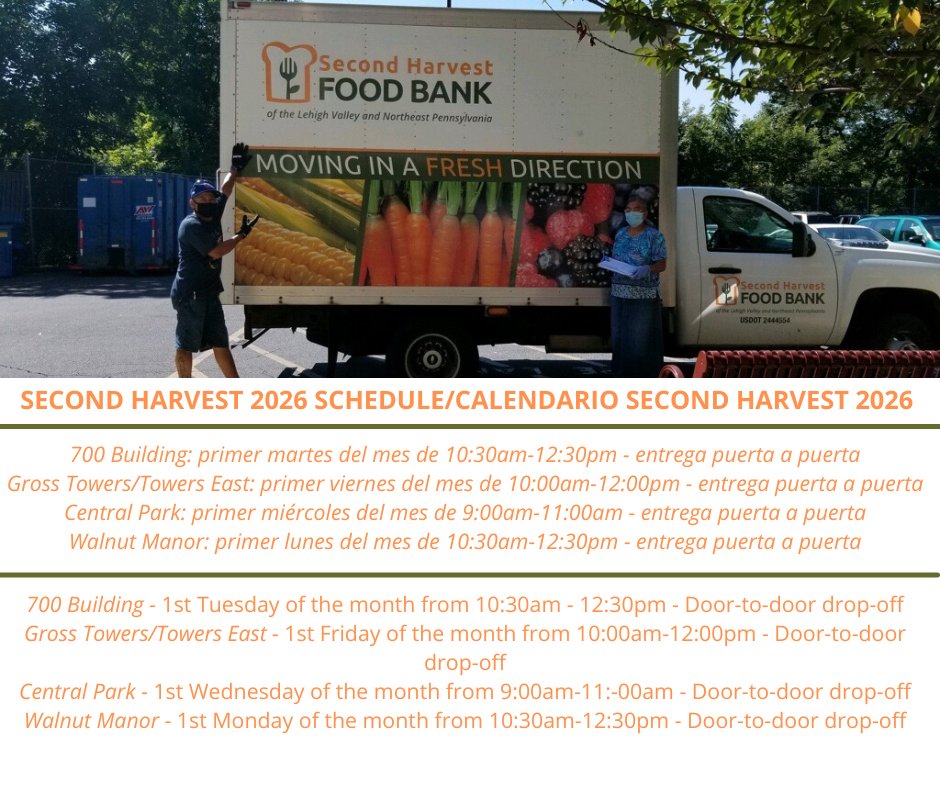 AtownHousing's tweet photo. AHA proudly continues its partnership with Second Harvest to provide the Senior Food Box Program to each high-rise property. Check out the 2026 delivery schedule!

If you have any questions about applying for the Senior Food Box Program, please call 484-821-2400 for assistance. https://t.co/JfJm4pIZYe