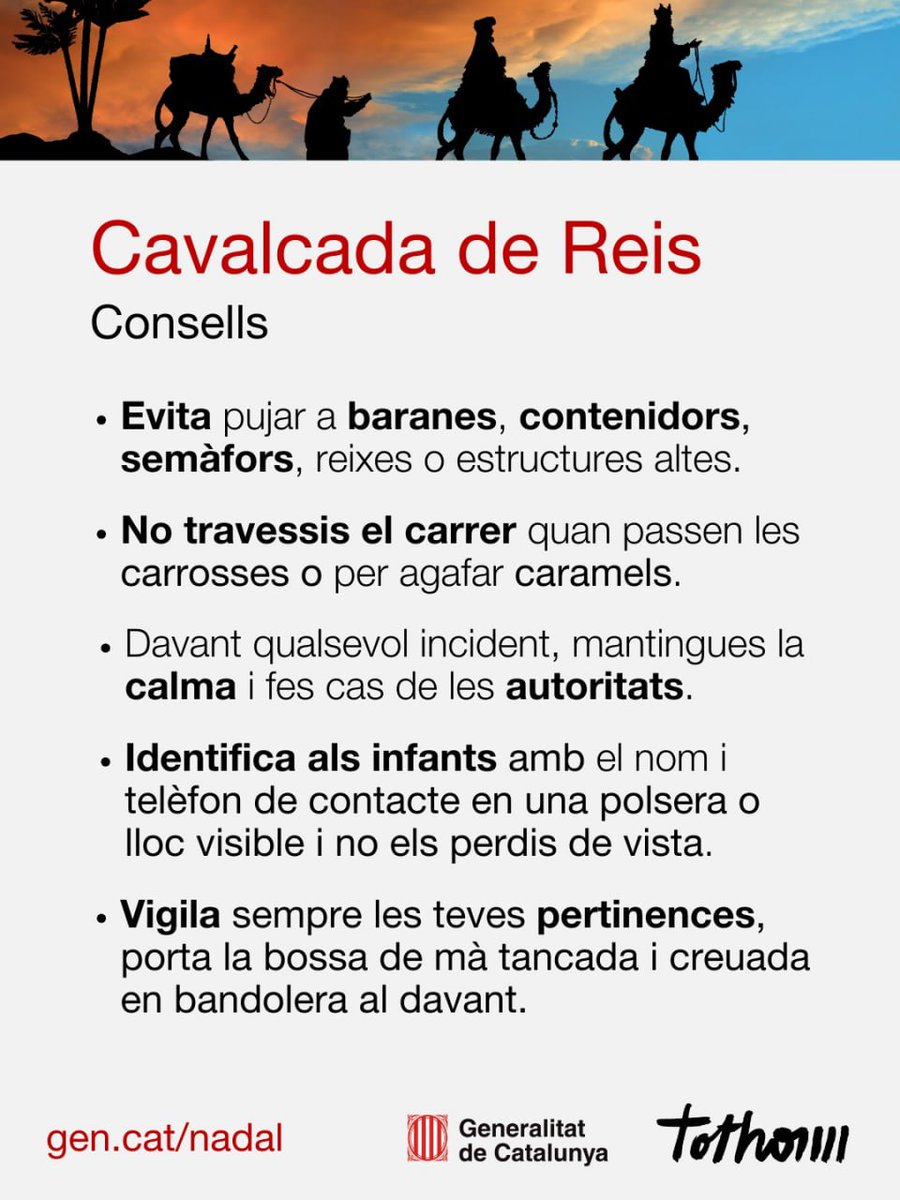 gencat's tweet image. 🤴Aquesta tarda, gaudeix d'una cavalcada de Reis segura.

👫 Tingues molta cura dels infants i segueix en tot moment les indicacions de seguretat.

👉 gen.cat/cavalcades
