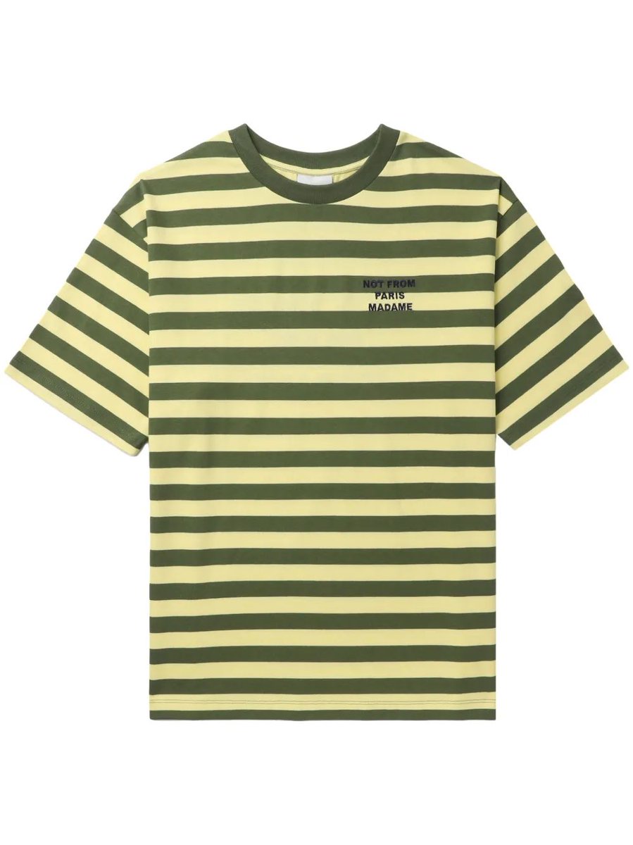 junhanfits's tweet image. Drôle De Monsieur Slogan-print Striped T-shirt in Green