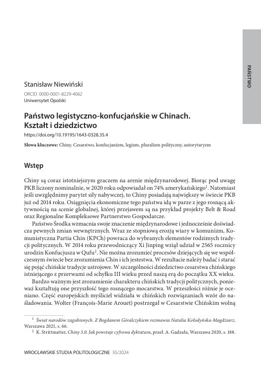 Niezmiernie miło mi  poinformować, że ukazał się kolejny (35/2024) numer "Wrocławskich  Studiów Politologicznych". Na łamach tego numeru znajduje się również  mój artykuł pt. "Państwo legistyczno-konfucjańskie w Chinach. Kształt i  dziedzictwo".