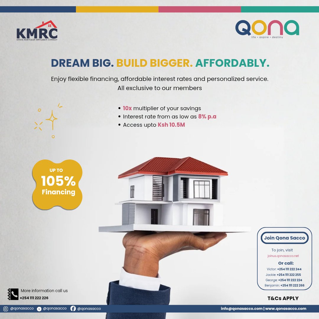 qonasacco's tweet photo. SPOILER ALERT: Youโre actually going to own that house this year.
Whether you're looking to buy or build, tuko hapa kuprovide the flexible financing unaneed kugrow.
โJoin the family: https://t.co/6xlEkA2MKl
Talk to us: +254 111 222 226
โ#QonaSacco
#BuildBigger
#FinancialFreedom
#KenyaRealEstate
