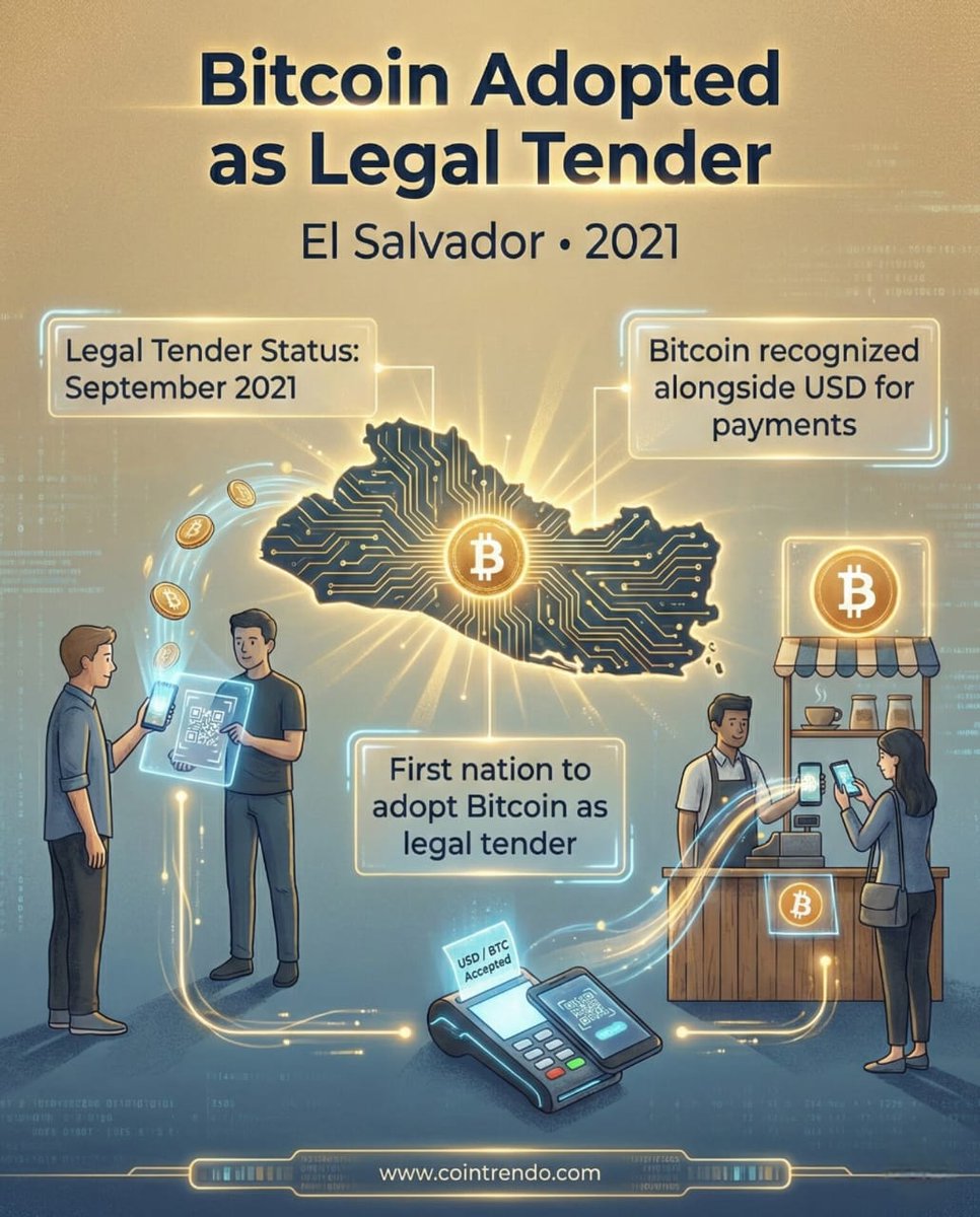 cointrendo's tweet photo. In 2021, El Salvador became the first country to adopt #Bitcoin as legal tender, recognizing BTC alongside the US dollar for payments. 🌍
A landmark moment in the intersection of monetary policy and digital assets. 

🌐https://t.co/oWLpz29z4c

 #CryptoPolicy #ElSalvador #Web3 https://t.co/TZJqdflFb2