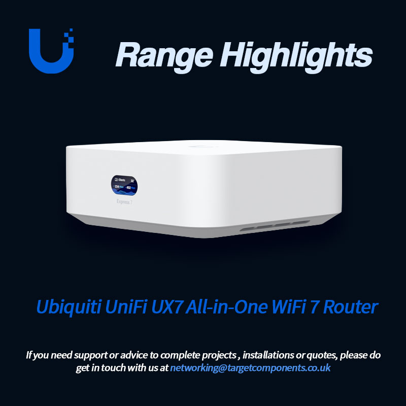 TargetCompUK's tweet image. The @Ubiquiti UniFi UX7 All-in-One WiFi 7 Router is an ultra-compact, scalable solution that combines advanced routing and mesh capabilities for seamless connectivity.

Shop Now: targetcomponents.co.uk/vendor/ubiquiti

 #UniFi #NetworkingSolutions #UX7