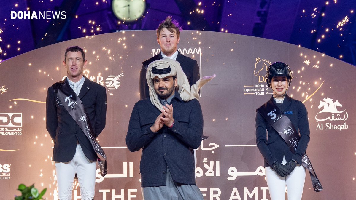 dohanews's tweet image. British rider Harry Charles won the four-star #GrandPrix at @AlShaqab after a thrilling jump-off, edging fellow Brit Scott Brash. Sheikh @JoaanBinHamad, Chairman of the Doha Equestrian Tour Organising Committee and the President of Qatar Olympic Committee, crowned the winners.