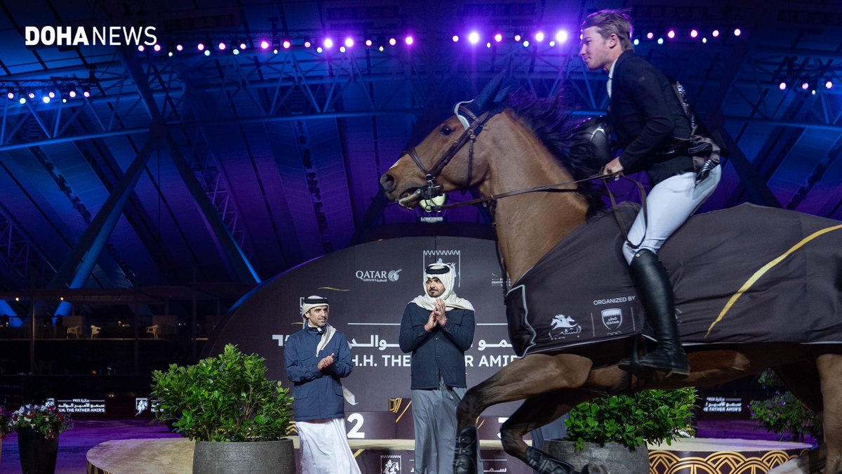 dohanews's tweet image. British rider Harry Charles won the four-star #GrandPrix at @AlShaqab after a thrilling jump-off, edging fellow Brit Scott Brash. Sheikh @JoaanBinHamad, Chairman of the Doha Equestrian Tour Organising Committee and the President of Qatar Olympic Committee, crowned the winners.