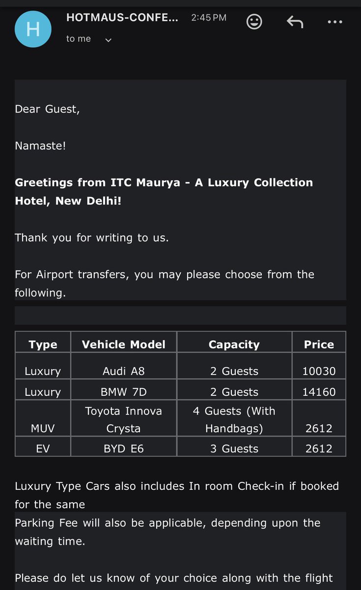 🚖Itc mauryas airport transfer rates are crazy  - or is that green points finding a cold feet  there 😅

For 15 kms ride bare minimum you have to shell out - 

INNOVA CRYSTA- 2612 INR
BYD E6- 2612 INR
Audi A8 - 10030 INR
Bmw  7D - 14160 INR

Above charges are excluding airport