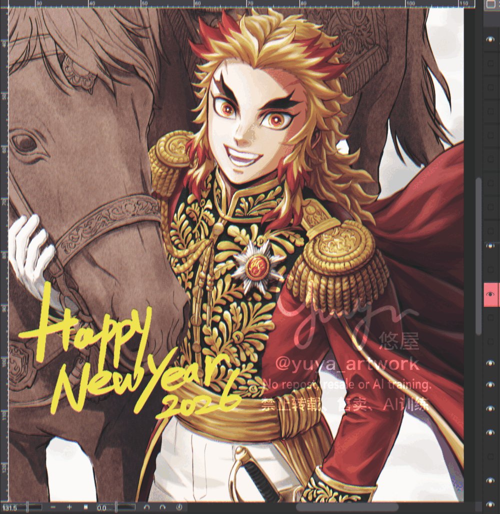 yuya_artwork's tweet photo. 遅ればせながら
🎍2026年🎍良いお年を！

近衛連隊長さんにしましたが
肝心の干支🐴は未完😇
カードに合わせて完成させようかと… https://t.co/URMm6fFjr8