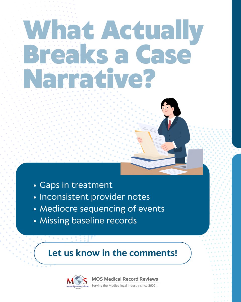 mosmedical's tweet image. As the year wraps up, consider why some cases feel harder than they should.

It’s often not the facts, but the structure—gaps in care, conflicting notes, poor sequencing, or missing baseline records.

#MedicalRecordReview #MedicalNarrative #LitigationSupport