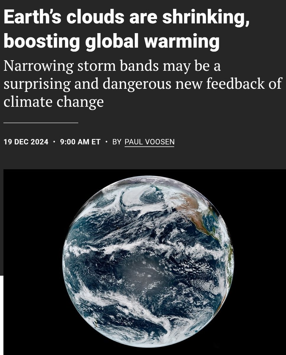 ClimateBen's tweet image. CLOUDS:  scientists warn shrinking of Earth’s reflective cloud cover is intensifying warming with trends indicating a climate feedback that’s “off the charts”