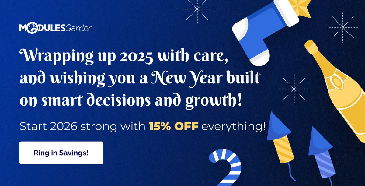 Happy New Year! We hope 2026 starts on a good note, and with one small reminder that our Holiday Sale is ends in just 48 hours.

✨ 15% OFF on Monthly &amp; Annual Licenses
✨ 20% OFF on Open Source Products &amp; License Upgrades

Grab your #WHMCS favorites now! modulesgarden.com/products/whmcs