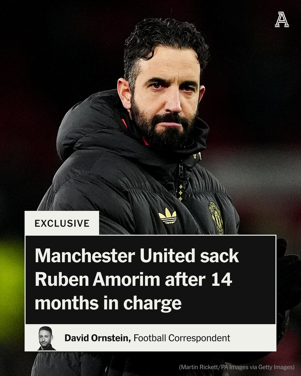 Ruben Amorim has been sacked by Manchester United.
 
The Portuguese’s final game of his 14-month spell in charge was the 1-1 draw against Leeds United on Sunday that leaves them sixth in the Premier League after 20 matches.

Full story from <a href="/David_Ornstein/">David Ornstein</a> here ⬇️

🔗