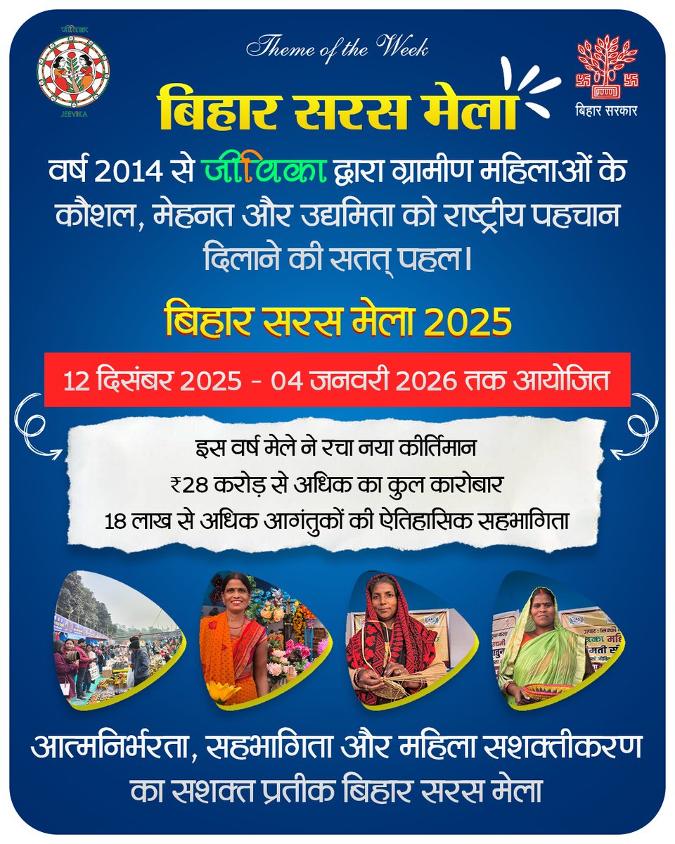 brlps_jeevika's tweet image. #ThemeOfTheWeek | बिहार सरस मेला
2014 से जीविका की निरंतर पहल-

ग्रामीण महिलाओं के कौशल, मेहनत और उद्यमिता को मिला राष्ट्रीय मंच।
#jeevika

#WomenEmpowerment
#RuralEntrepreneurship
#WomenLedDevelopment
#SelfReliantWomen
#BiharSarasMela
@MoRD_GoI 
@BiharRDD