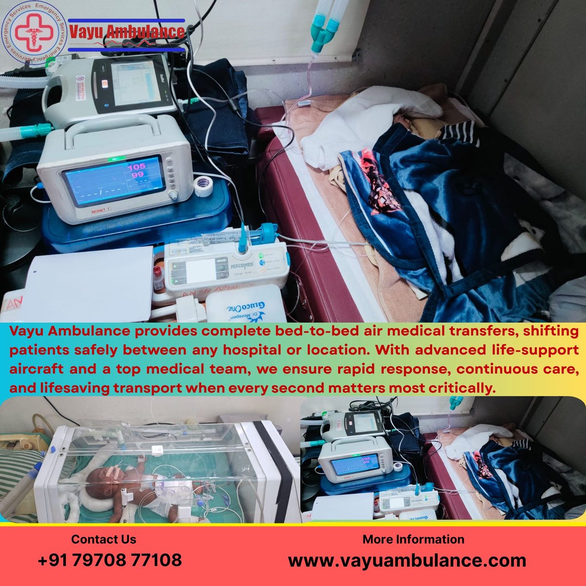 Vayu Ambulance provides 24x7 Air Ambulance, Train Ambulance, and Road Ambulance services across India and internationally. We specialize in emergency and non-emergency patient transfersal care with a highly experienced medical team.

🌐 vayuambulance.com
📞 79708 77108