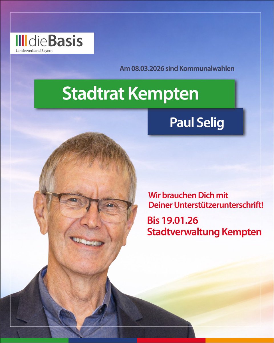 dieBasis_Bayern's tweet image. Kommunalwahl 2026 – Kempten

Am 8. März 2026 ist Kommunalwahl.

Wer eine andere Stimme im Rathaus haben will, sollte uns unterstützen.

Paul Selig kandidiert für den Kemptener Stadtrat.
Er steht für eine sachliche, unabhängige Kommunalpolitik, bei der Zuhören, Nachfragen und…