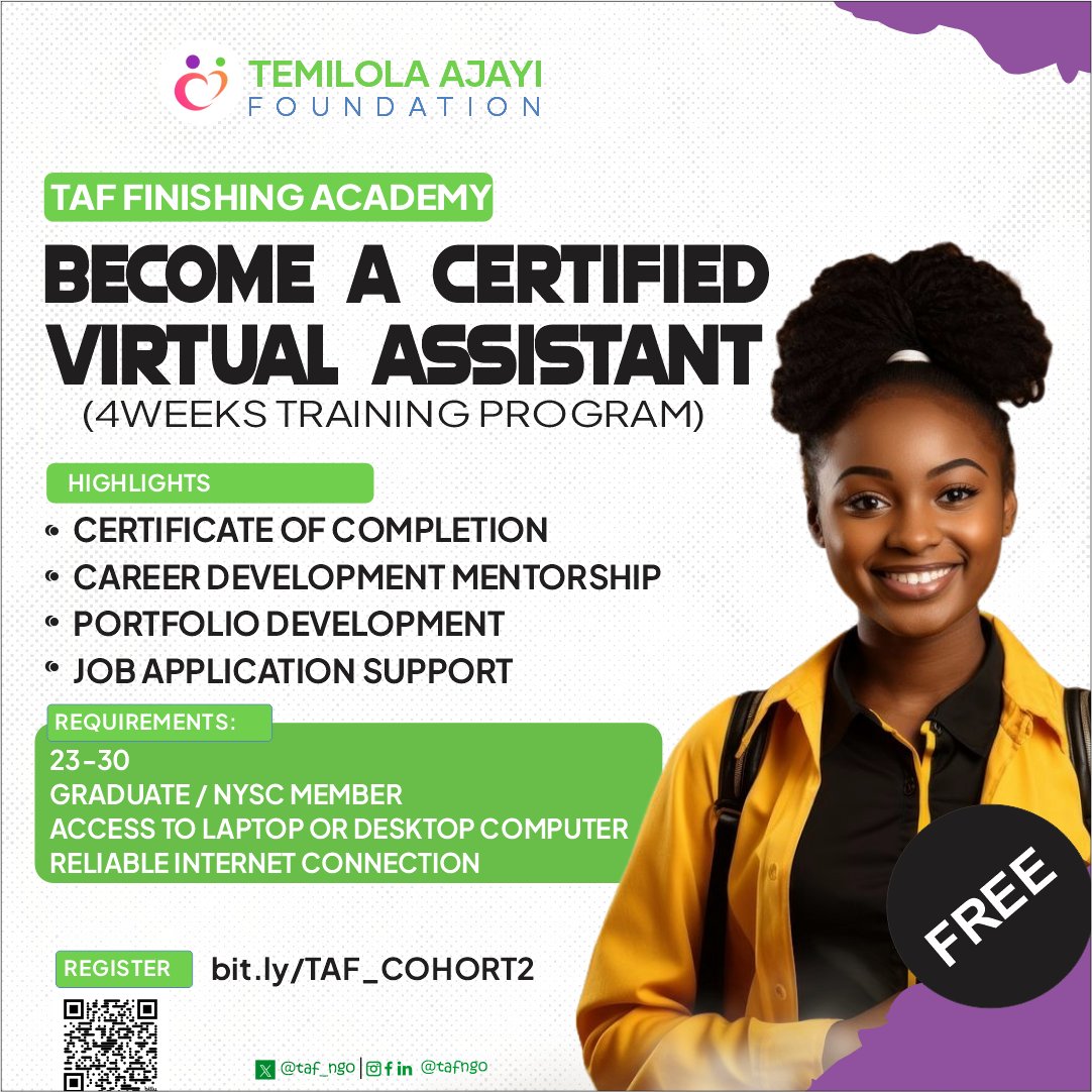 taf_ngo's tweet photo. OPEN APPLICATION

Temilola Ajayi Foundation presents The Finishing Academy (Cohort 2).

A 4-week intensive program for graduates ready to acquire practical, employable digital skills for remote work.

100% Virtual
Deadline: January 31, 2026

🔗 Register: https://t.co/rqzaWR2U9y https://t.co/oaTaChEnNb