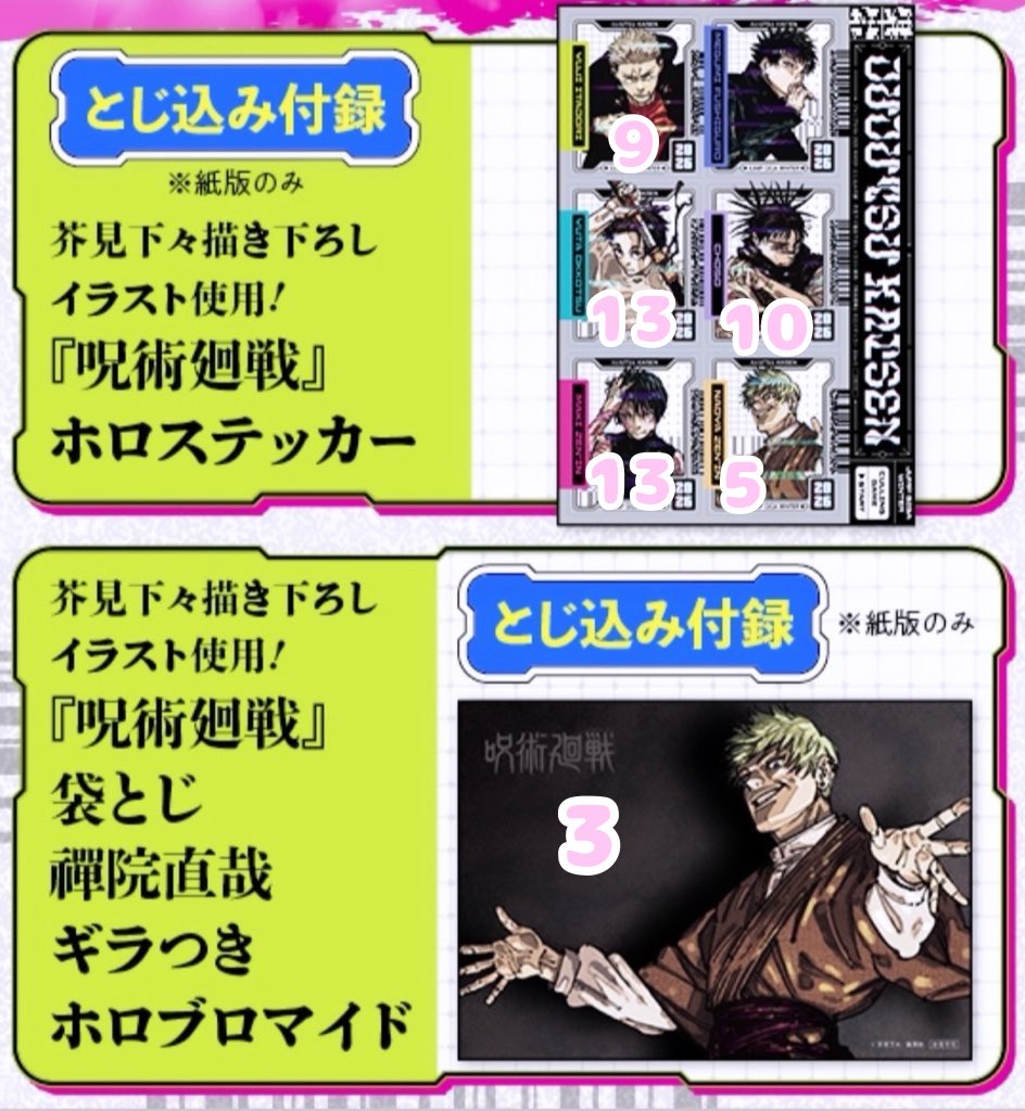 1msstar1's tweet photo. <交換> ジャンプGIGA 2026 WINTER 呪術廻戦 缶バッジ

【求・伏黒恵 or 買取（ご提示ください）】

【譲・直哉、虎杖、脹相、真希、乙骨】

缶バッジ＞ステッカー
異種交換(比率違い)も可能です♪

10冊予約済み＋店舗にて3点追加
郵送での交換希望です𐔌՞ ܸ.ˬ.ܸ՞𐦯 https://t.co/w1CWcn5W4G