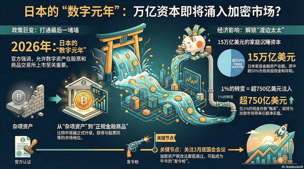 水来了家人们~ 日本财务大臣片：正式将2026年定位为日本的“数字元年”，强调“允许比特币等数字资产在股票和商品交易所上市交易至关重要”。 这意味着， 日本监管层正试图打通传统金融（TradFi）与加密资产之间的最后一堵墙，将比特币从“杂项资产”正式升级为与股票同台竞技的 ...