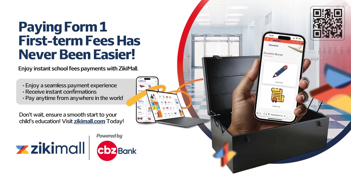 CBZHoldings's tweet image. From anywhere, at any time — school fees made easy.
Pay Form 1 first-term fees on zikimall.com and enjoy instant confirmation.

#PartnersForSuccess