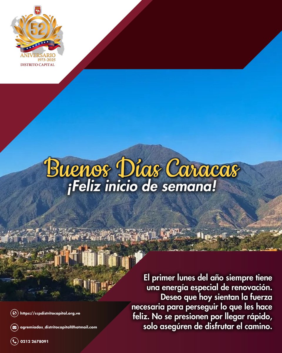 CCPDistrito's tweet photo. ☀️ Buenos Días Caracas. ☀️

El primer lunes del año siempre tiene una energía especial de renovación. Deseo que hoy sientan la fuerza necesaria para perseguir lo que les hacen feliz. No se presionen por llegar rápido, solo asegúren de disfrutar el camino. https://t.co/jxwkepIH8H