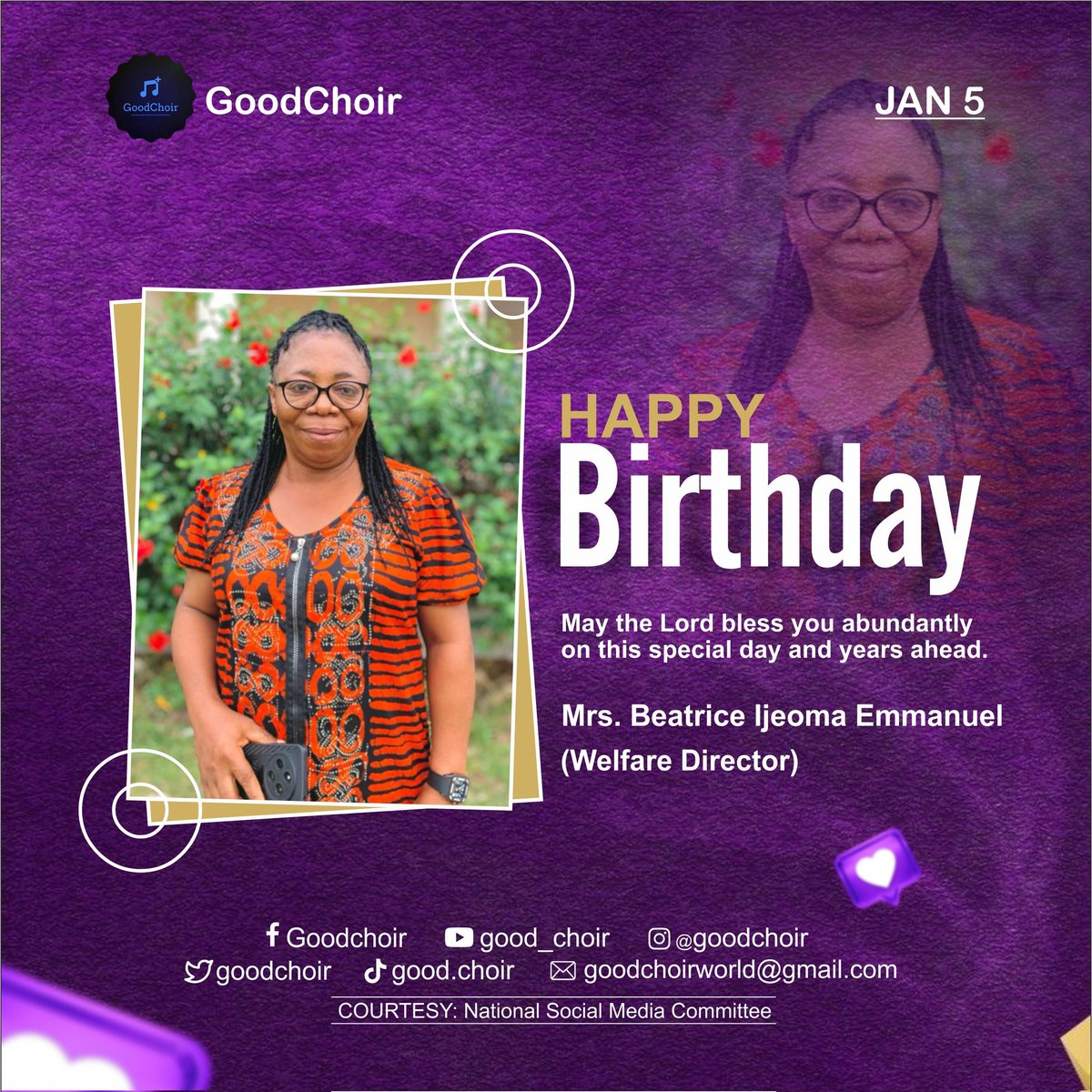 goodchoir's tweet photo. Happy birthday to our esteemed Welfare Director, GoodChoir

We celebrate you today for your selfless service, unwavering commitment to the wellbeing of every member.

May this new year bring you renewed strength and good health as you continue to serve with excellence

 GoodChoir https://t.co/cqpvpx15k8