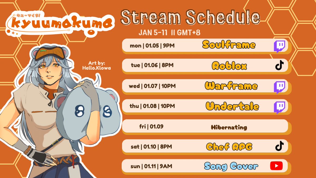 🍯 STREAM SCHED! 🍯

01.05 — Soulframe
01.06 — Roblox
01.07 — Warframe
01.08 — Undertale
01.10 — Chef RPG

** will be giving out two access codes to soulframe's preludes later on!! hope to see you guys there 🧡