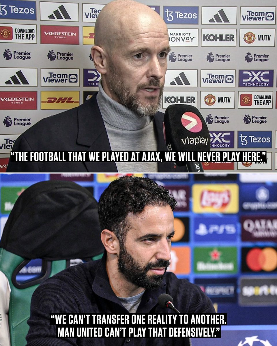 ESPNUK's tweet image. When Rúben Amorim and Erik ten Hag both said Man United would need a different style of play to their former clubs 👀