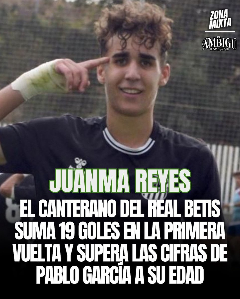 🌟🟢 El canterano del <a href="/RealBetis/">Real Betis Balompié 🌴💚</a> que supera a Pablo García.

⚽️ Juanma Reyes (2009) ha sumado 19 goles en la primera vuelta en el Juvenil División de Honor del <a href="/CalaveraCFutbol/">Calavera CF</a>. 

🔝 Ya ha mejorado las cifras del de Alcosa a estas alturas de la liga.

#ZonaMixta