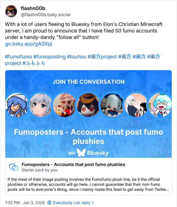 Gonna be "that guy" posting about other platform on Elon's Christian Minecraft server, but I still would like to reiterate my interest in participating in <a href="/TheFumoAwards/">The Fumo Awards</a> under "Hidden Gem Fumo Account". Already chronicled 50 accounts under a "follow all" button on the 2nd Twitter
