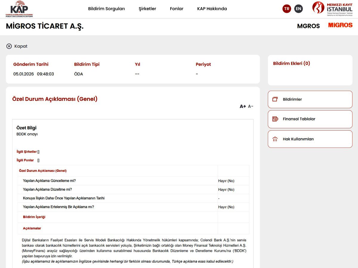 Güne çok güzel bir KAP haberi ile başladık! 🧡🩵🧿🚀  

kap.org.tr/tr/Bildirim/15…

<a href="/Migros_Turkiye/">Migros Türkiye</a> <a href="/ColendiBank/">ColendiBank</a> #MoneyFinans #Migros #BaaS 
<a href="/tekmen/">Bulent Tekmen</a> <a href="/MustehlikM/">MustehlikM</a>