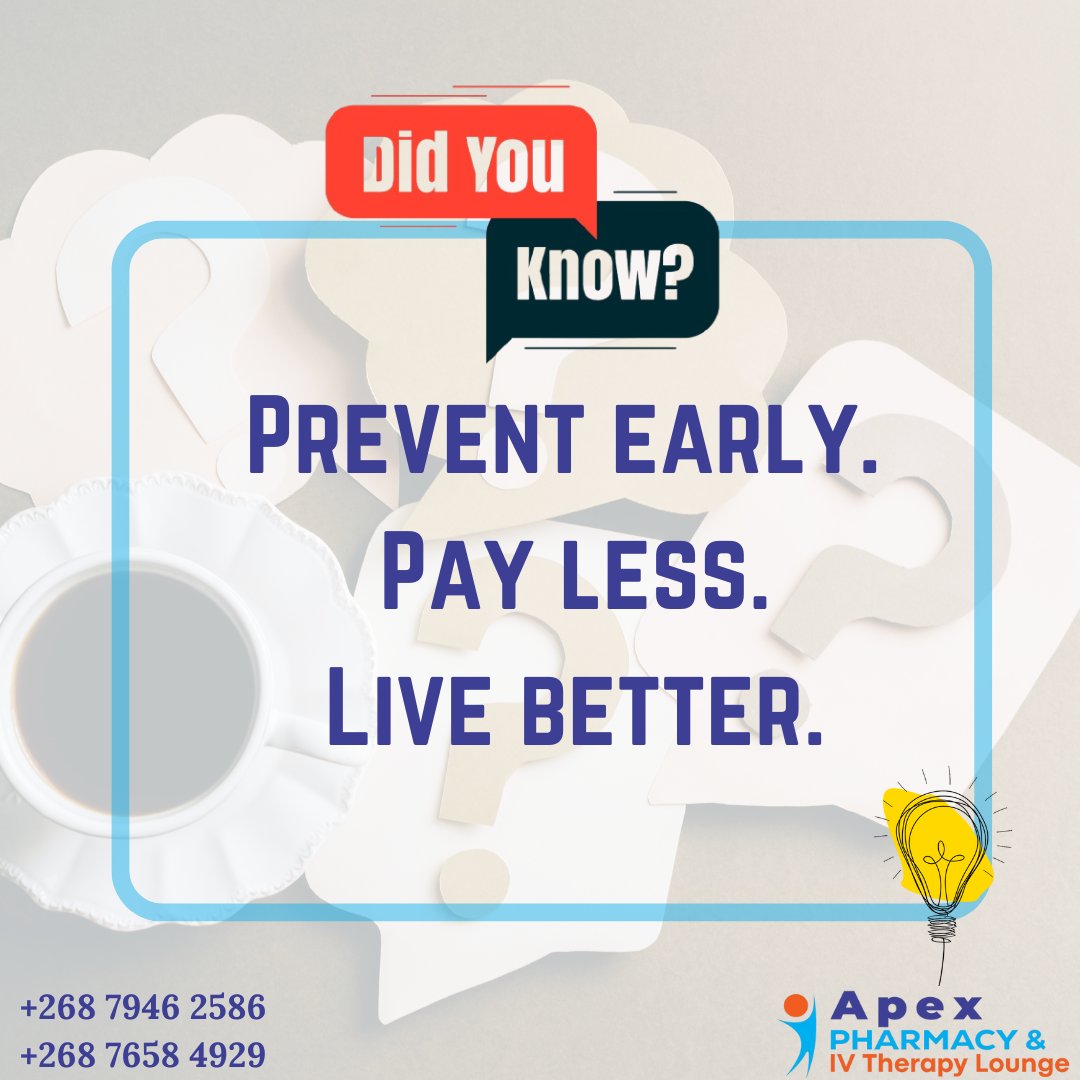 TheApexPharmacy's tweet image. Did you know?
Preventive care isn’t just good, it’s good business.
It costs less, protects more, &amp;amp; keeps small issues from becoming expensive emergencies.

Your future self will approve this message.

#DidYouKnow #PreventiveCare #SmartHealthChoices #Apexhealth #Eswatini