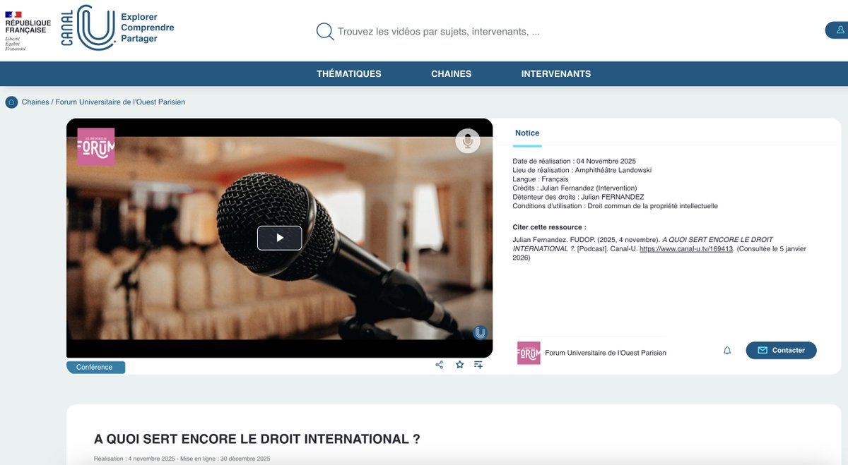 🚩Pour aller plus loin : Au XXᵉ siècle, le droit international a structuré les échanges, la paix, le commerce. Aujourd’hui souvent impuissant face aux crises, il conserve de réelles vertus pour réguler les relations internationales
👉Podcast du <a href="/Canal_U/">Canal-U</a> : canal-u.tv/chaines/fudop/…