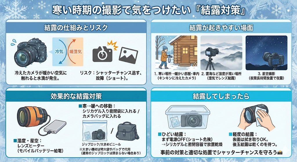 【寒い時期の撮影で気をつけたい『結露対策』について解説】

レンズやカメラが結露して曇ってしまうと、せっかくのシャッターチャンスを逃してしまいますし、故障の原因にもなります。

【結露が起きやすい場面】

1. 寒い場所から暖かい部屋や車にカメラを持ち込んだとき
