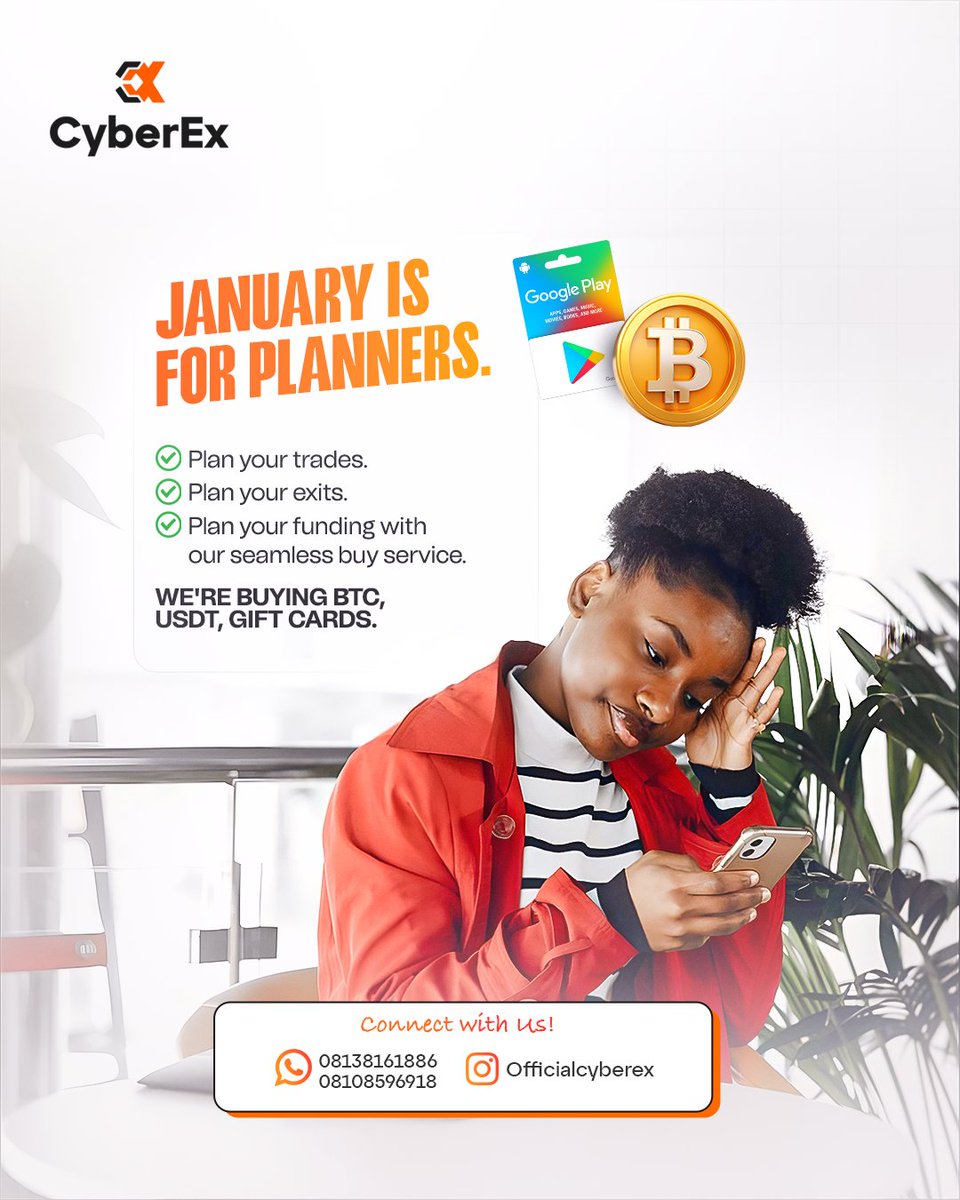 How you plan a year may determine how you will end it. 

Plan well.

Send us a message to see your Digital assets: BTC, USDT, Gift cards. 

✅Whatsapp: 08138161886

Or 

📞Call: 08108596918

#CyberEx
#Exchangerate
#SwiftRate
#Amazon
#NoScamZone