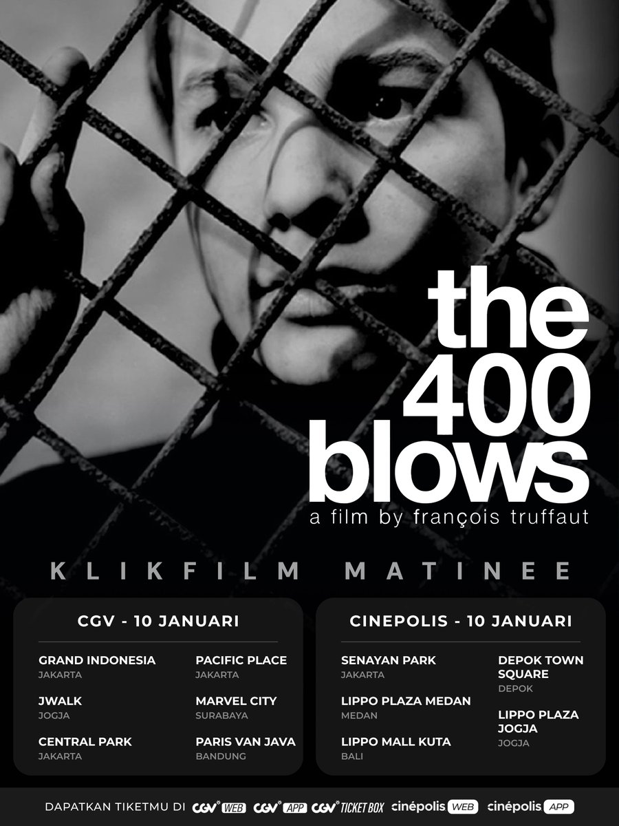 KlikFilm's tweet image. KLIKFILM MATINEE is BAAACKKK!
We did the polling, and we heard you.

Untuk pertama kalinya di layar lebar Indonesia, saksikanlah the OG of French New Wave, François Truffaut’s The 400 Blows.  kini dapat kita tonton di tempat yang semestinya; di bioskop!

#The400Blows
#KlikFilm