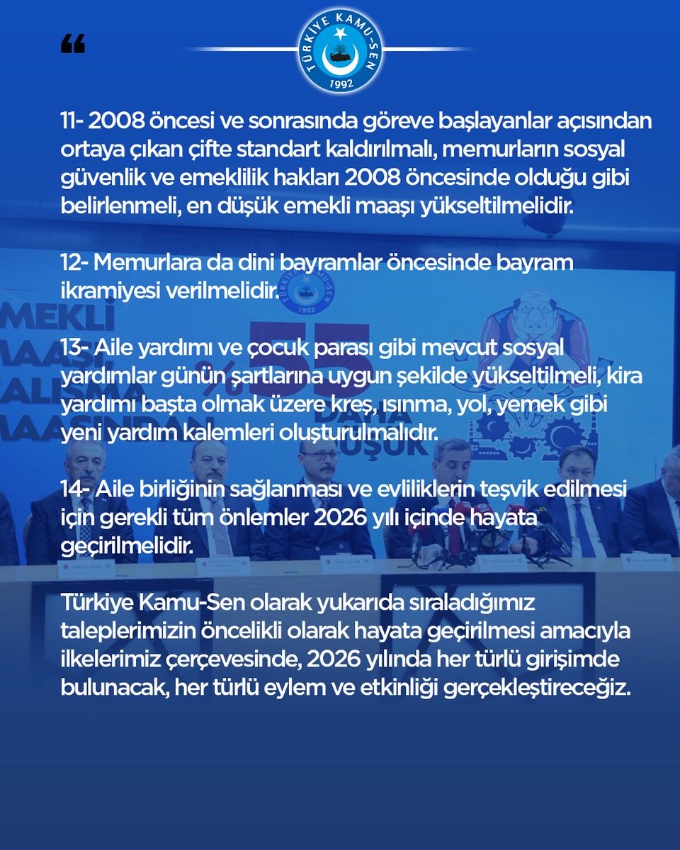 Memur ve emekli maaşına yapılacak zam oranı belli oldu. 

2026’nın memur ve emeklilerimiz adına olumlu bir yıl olması amacıyla 2026 yılı boyunca, öncelikle hayata geçirilmesi için mücadele edeceğimiz taleplerimiz bu şekildedir. ⬇️