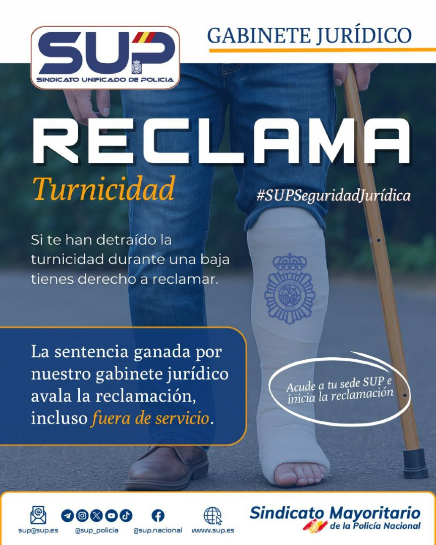 El SUP recuerda:
Si te detrajeron #Turnicidad por una #Baja tienes derecho a reclamar gracias a la Sentencia conseguida por #SupSeguridadJurídica en 2020
📞Contacta con tu sede SUP y te ayudamos
Porque con el SUP tu Defensa Jurídica está asegurada
Ven al #SindicatoMayoritario⤵️