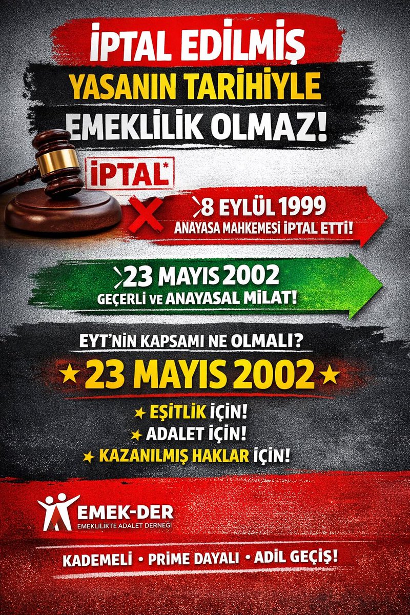 İptal edilmiş bir yasanın tarihi, milyonların kaderini belirleyemez.

8 Eylül 1999’da çıkarılan emeklilik yasası,
📌 Anayasa Mahkemesi tarafından iptal edilmiştir.

Bu iptalden sonra emeklilik sistemi,
📌 23 Mayıs 2002’de çıkarılan yeni yasa ile yeniden düzenlenmiştir.

Yani