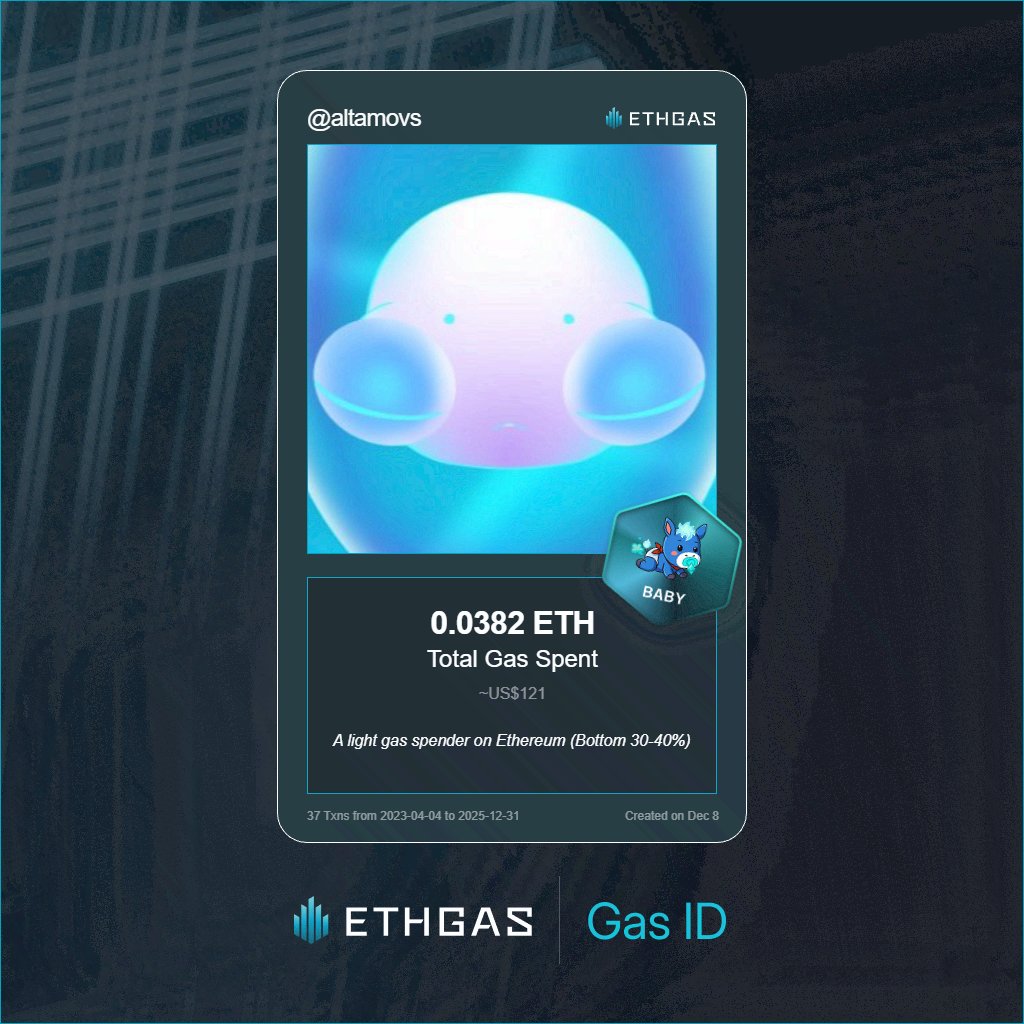 Discovered my Gas ID via ETHGas - turning my gas spend into rewards 🫘

As a Baby Jack, I've spent 0.0382 ETH on gas but earned 16 Beans back.

Get your Gas ID and Beans here: ethgas.com/community/gas-…
