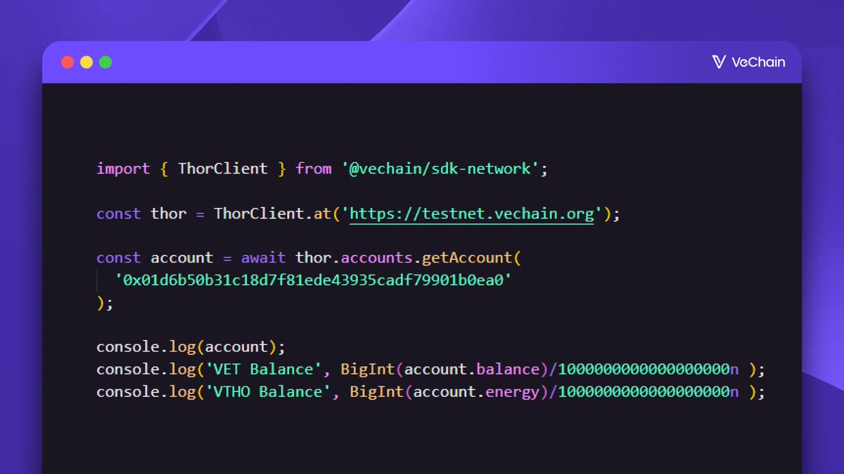 📊 Three Key Account Attributes on VeChainThor Every account has: hasCode →  indicates smart contract presence balance → VET balance (hex-encoded  BigInt) energy → VTHO balance ⚠️ Numbers store all decimals, so