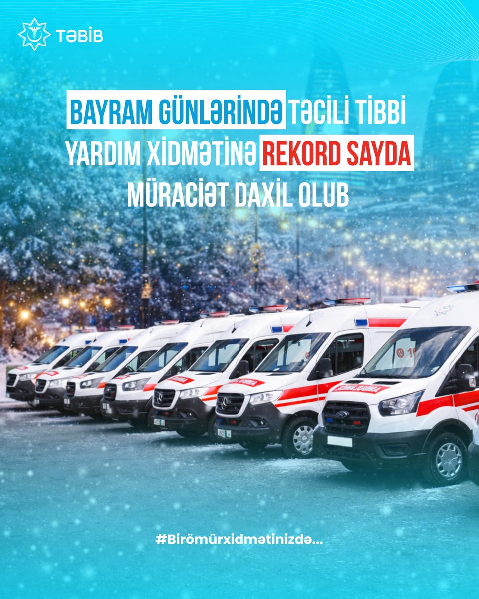 Respublika üzrə Təcili Tibbi Yardım Mərkəzinə qeyri-iş günlərində (31.01.2025 - 04.01.2026-cı il tarixlərində) ümumilikdə, 27 779 çağırış daxil olub. Onlardan 14 449-u paytaxt Bakı, 13 330-u isə bölgələr üzrə qeydə alınıb.