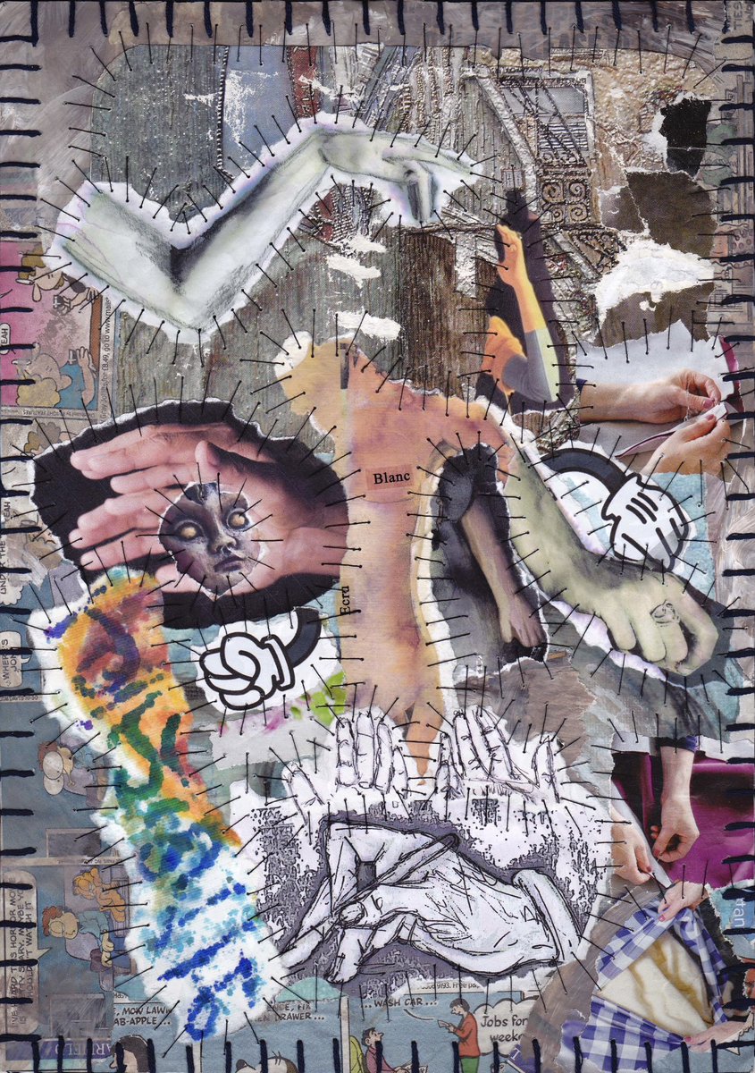 ‘Handiwork’ -03.01.2026 

.. 

#mixedmediacollage #experimentalart #sketchbookcollage #ephemeracollage #hands #inkbleed #texturedart #altereddrawings #painttextures