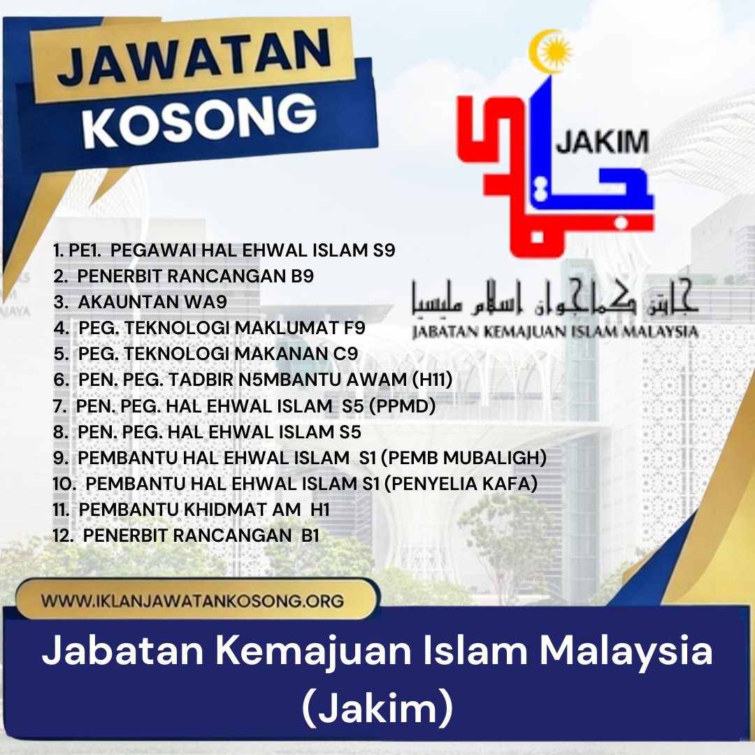 JAWATAN KOSONG Jabatan Kemajuan Islam Malaysia (Jakim)

Pelbagai jawatan ditawarkan. Sila rujuk poster untuk senarai jawatan.

Tarikh tutup:19 Jan 2026
KLIK untuk dapatkan maklumat lanjut>>
iklanjawatankosong.org/jobs-jabatan-k…