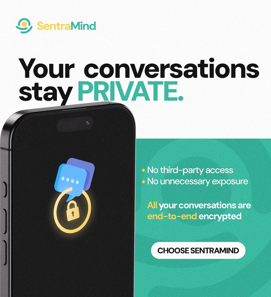 sentramind1's tweet photo. Your mental health conversations are encrypted end-to-end on SentraMind.
What you share stays private—protected from unauthorized access at every step.
#EndToEndEncryption #PrivacyByDesign #SentraMind https://t.co/nVU94VxBDC