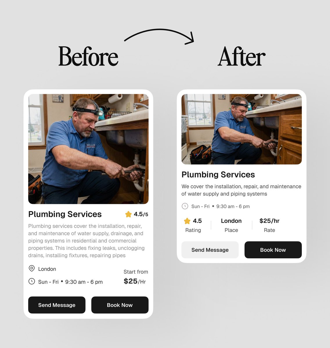 Abmankendrick's tweet photo. Profile Home Service Card Redesign ✨

Before → After https://t.co/EJcjiwXDsK
