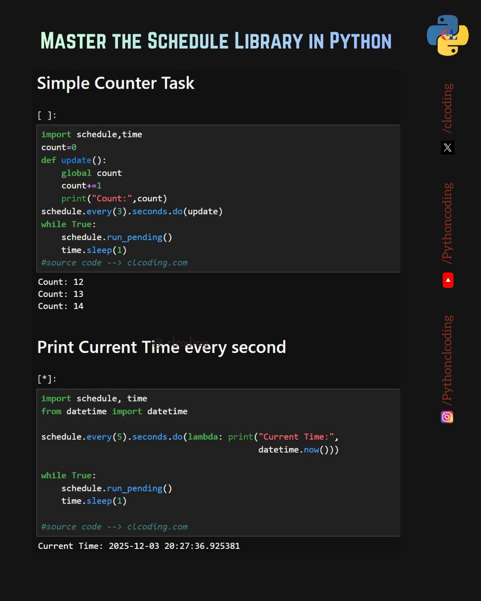 clcoding's tweet photo. Master the Schedule Library in Python https://t.co/4QQezk8LOv