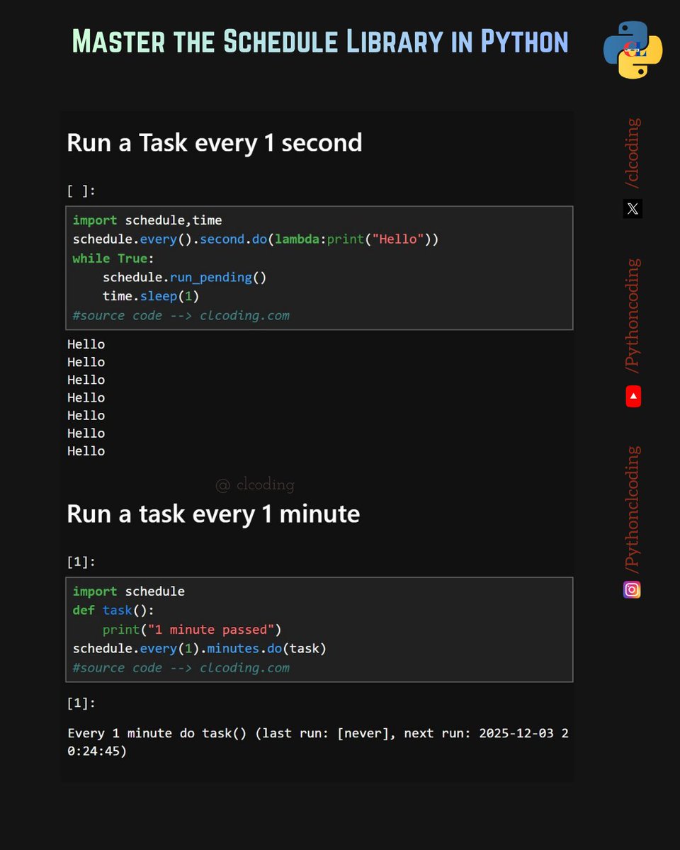 clcoding's tweet photo. Master the Schedule Library in Python https://t.co/4QQezk8LOv