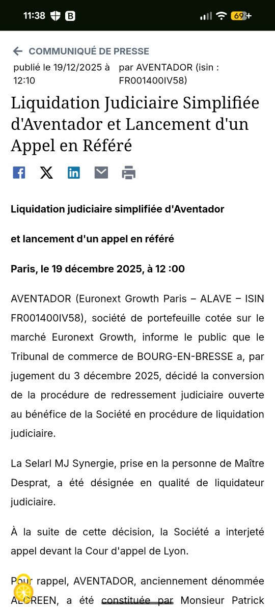 BlatoUndefined's tweet image. Encore une coquille envoyée en liquidation suite à un travail de concert entre des dirigeants vendu et la racaille ALPHA BLUE OCEAN.

Entre temps ils ont siphonné le zombie #AVENTADOR Ex #ALGREEN et les actionnaires.

En toute impunité ! Quelle honte !